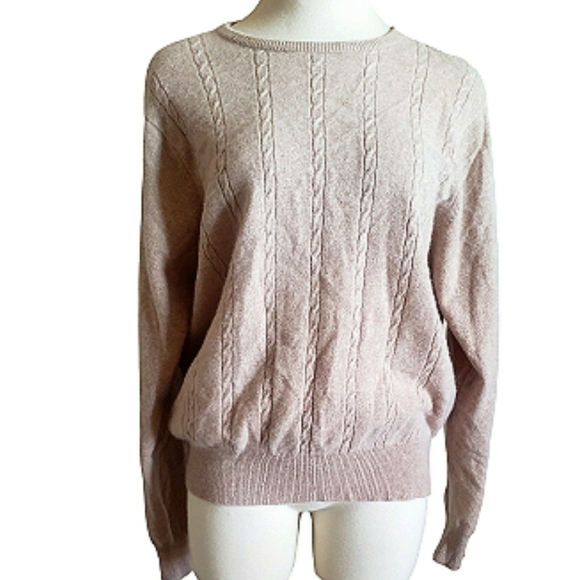 Cashmere Tan Cable Knit Sweater Soft Cozy Warm Luxe Crewneck Pullover Womens 44 - Picture 1 of 10